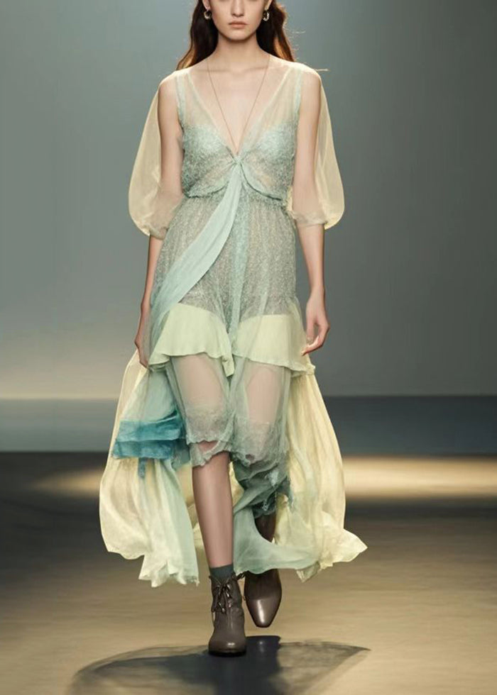 Light Green V Neck Patchwork Silk Holiday Dress Summer