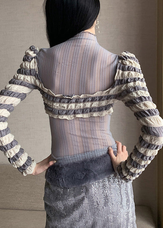 Grey Turtleneck Patchwork Tulle T Shirts Long Sleeve