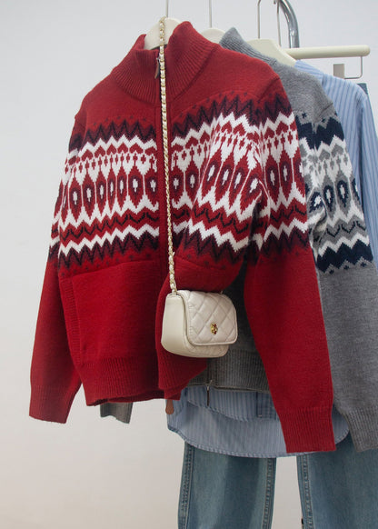 Red Zip Up Print Knit Cardigans Spring