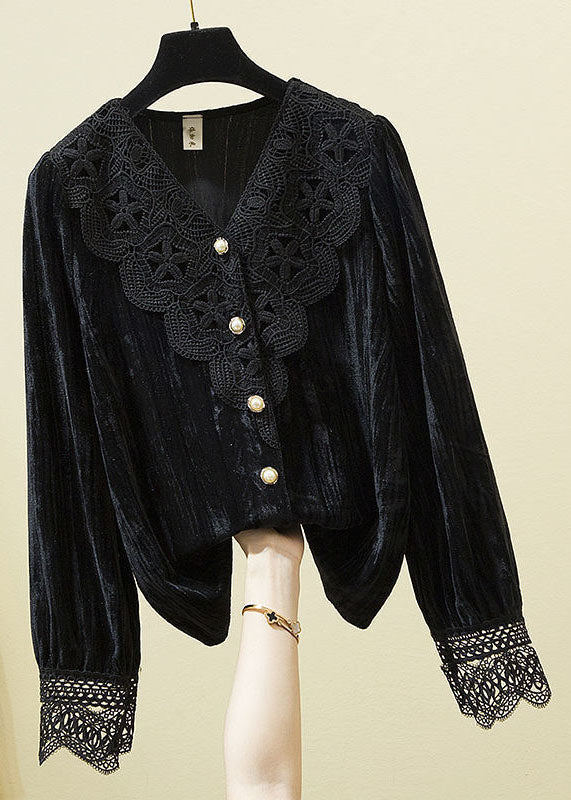Diy Chocolate V Neck Lace Patchwork Silk Velour Shirt Long Sleeve
