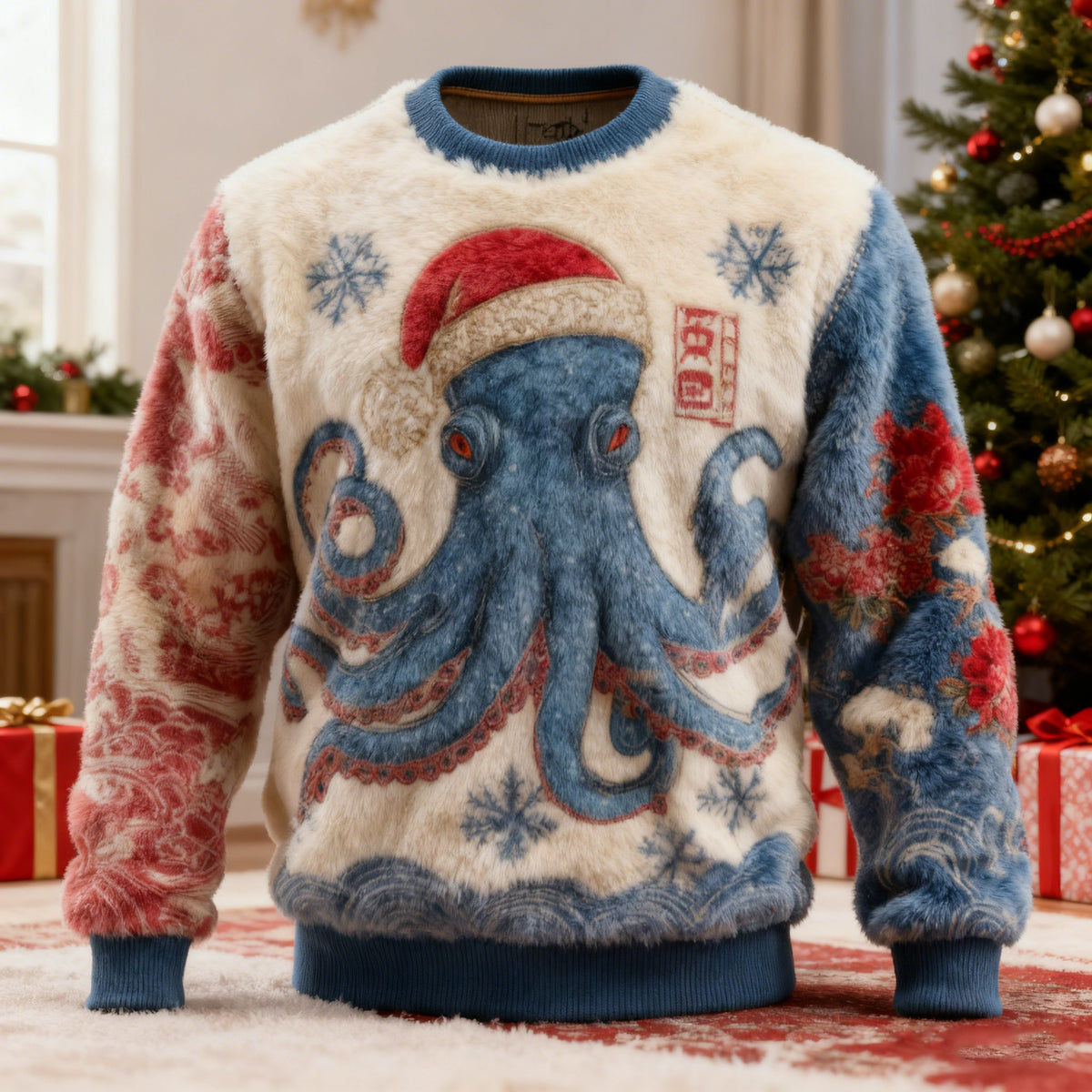 Comstylish Men's Japanese Octopus Art Christmas Ugly Plush Sweatshirt