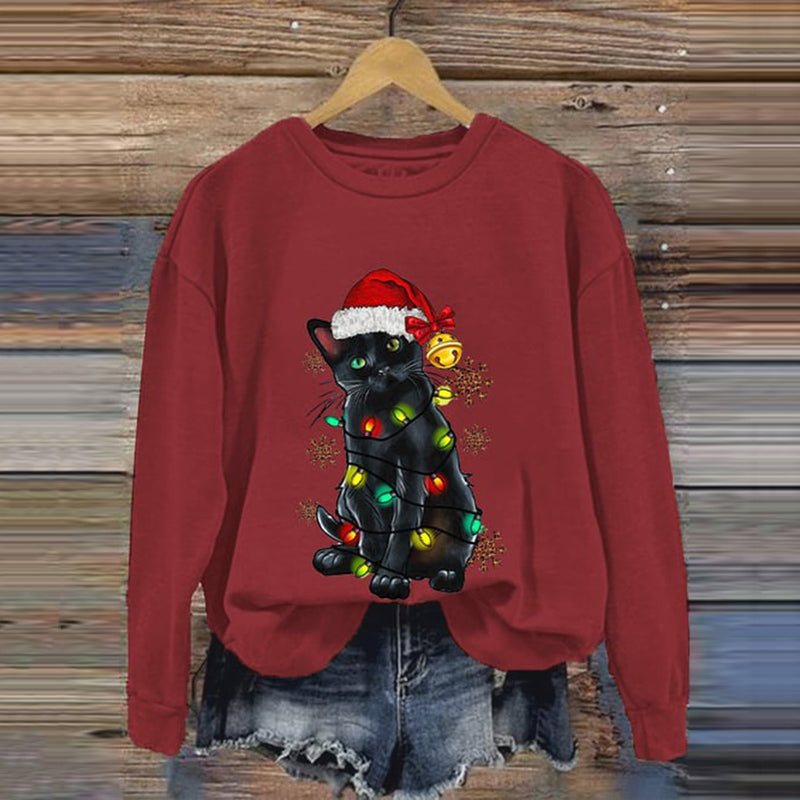 Christmas Lights Cat Print Crew Neck Sweatshirt elevenforest