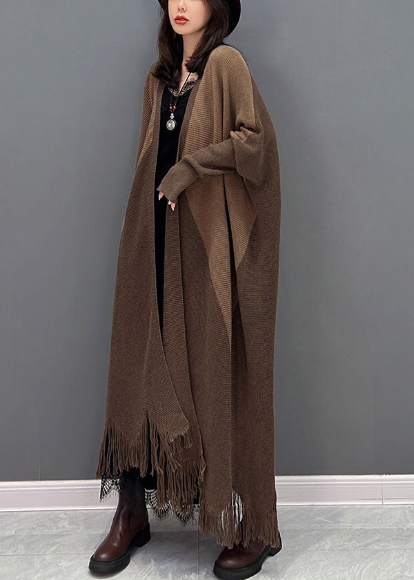 Chocolate Oversized Patchwork Tassel Knit Cardigan Batwing Sleeve