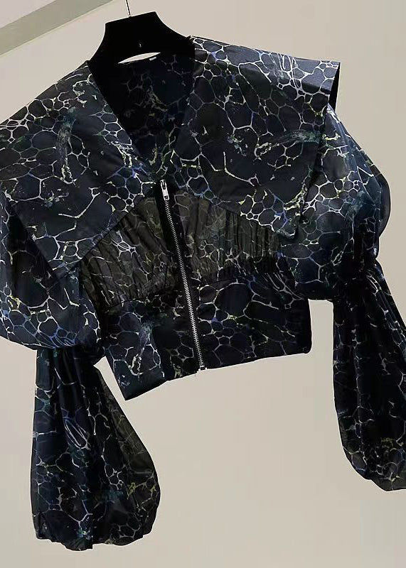French Black Puff Sleeve Peter Pan Collar Print Cotton Blouse Tops