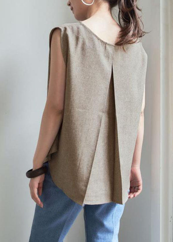 Grey O-neck Wrinkled Linen Tops Sleeveless