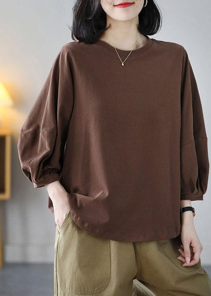 Italian Coffee O-neck Oversized Cotton Blouse Top Bracelet Sleeve
