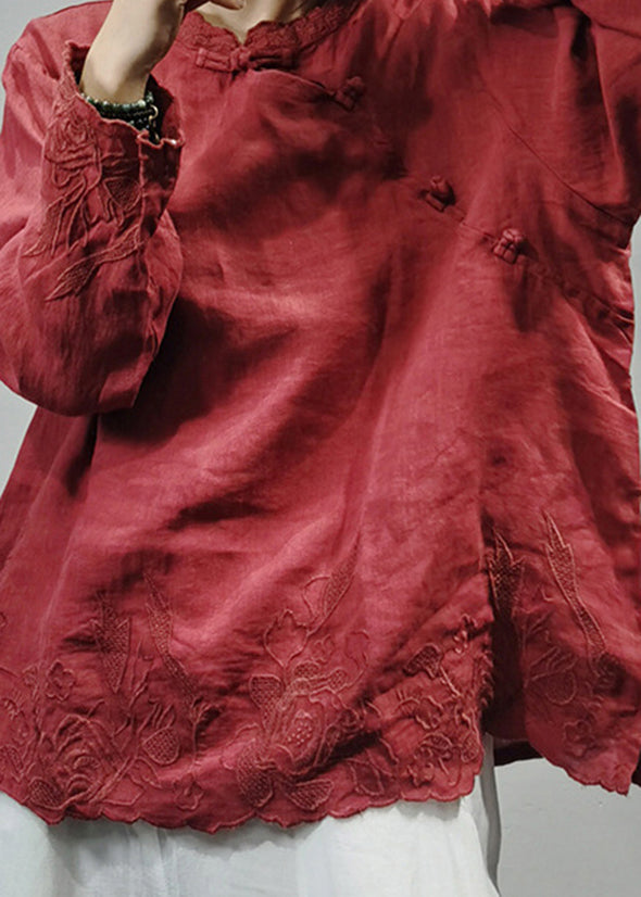 Red Stand Collar Linen Blouse Tops Long Sleeve