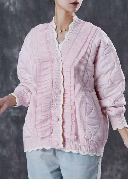 Pink Ruffled Patchwork Knit Fine Cotton Filled Coat Spring