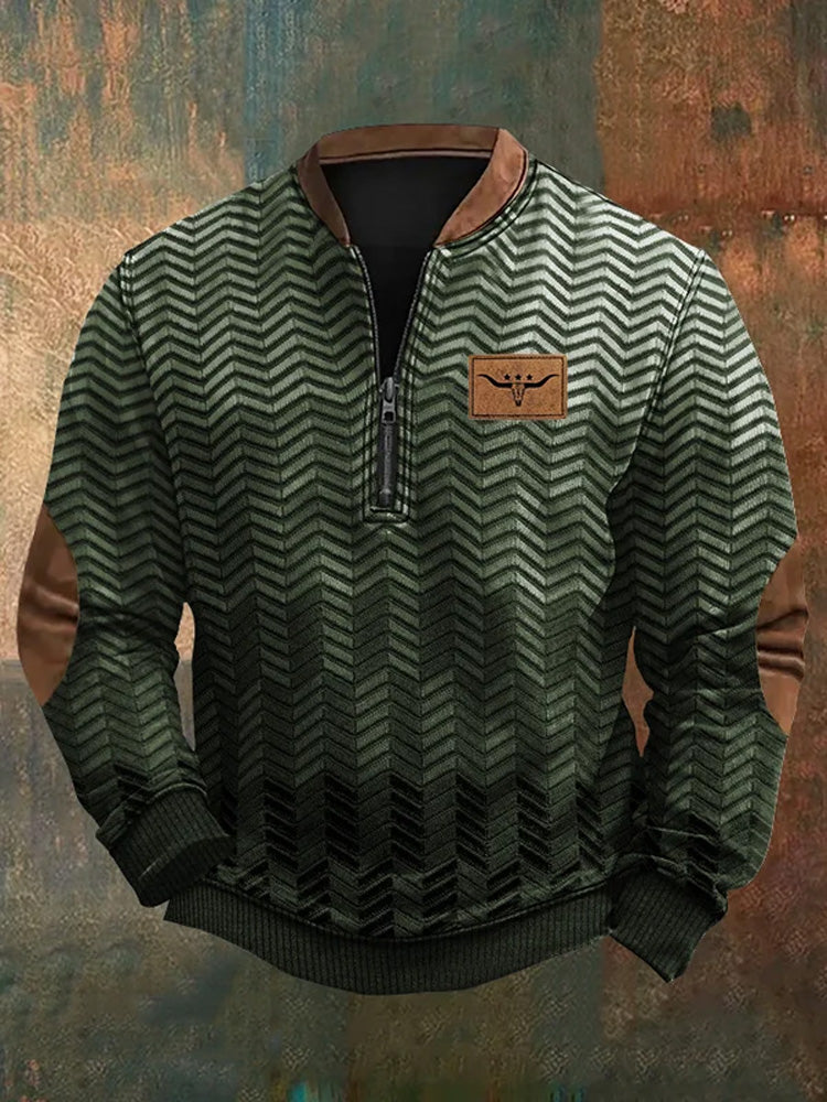 Men's Vintage Western Print Zip-Up Sweatshirt elevenforest