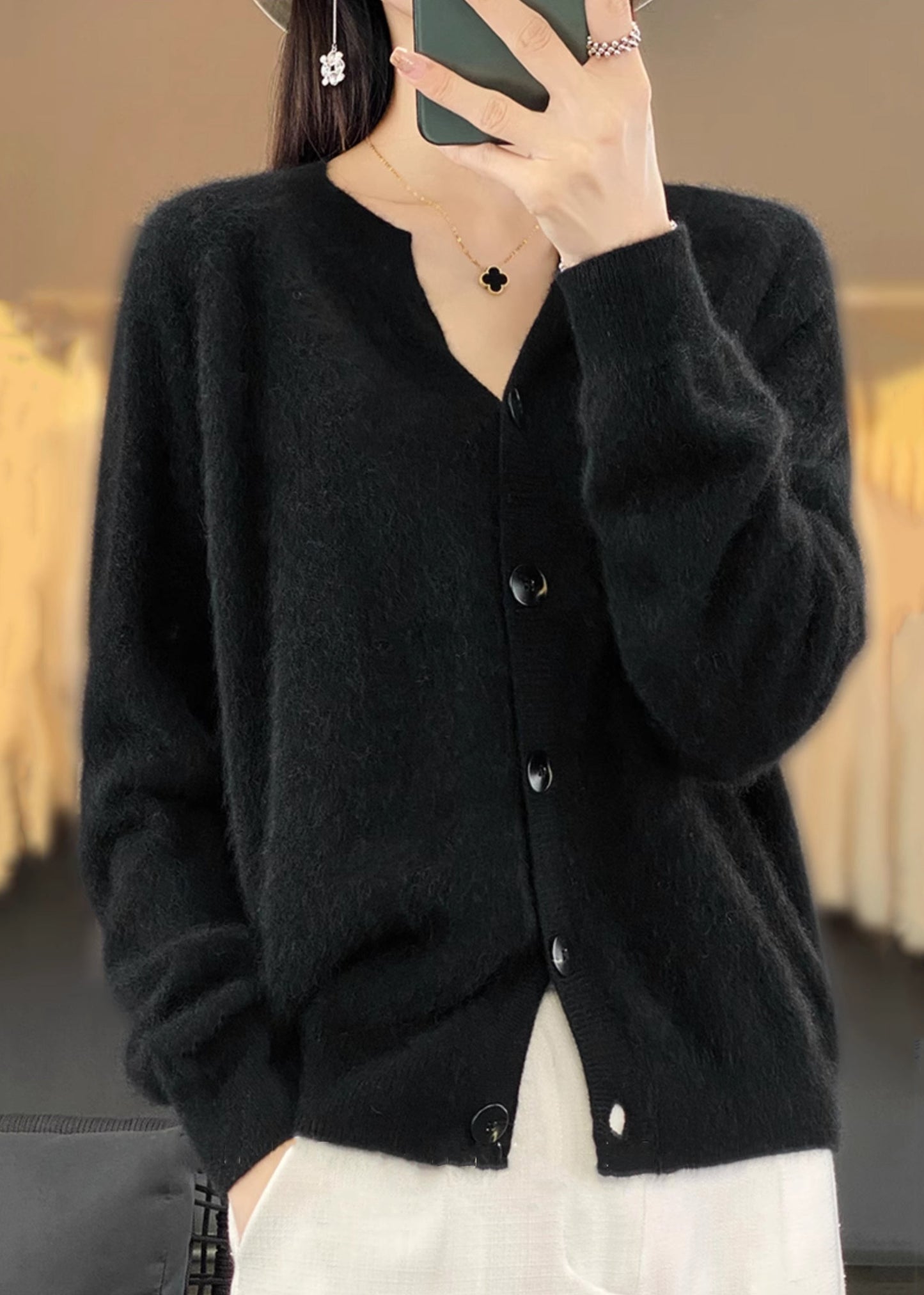 Simple Camel V Neck Button Cashmere Cardigan Long Sleeve