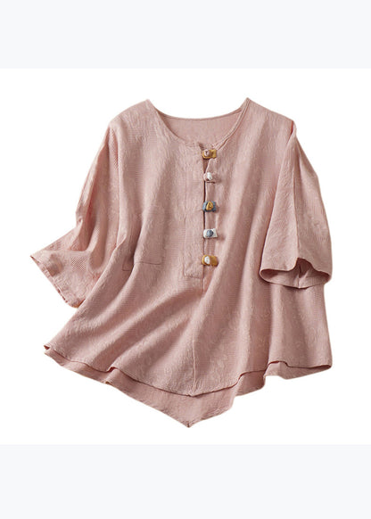 Blue O Neck Chinese Button Jacquard Linen Shirt Summer