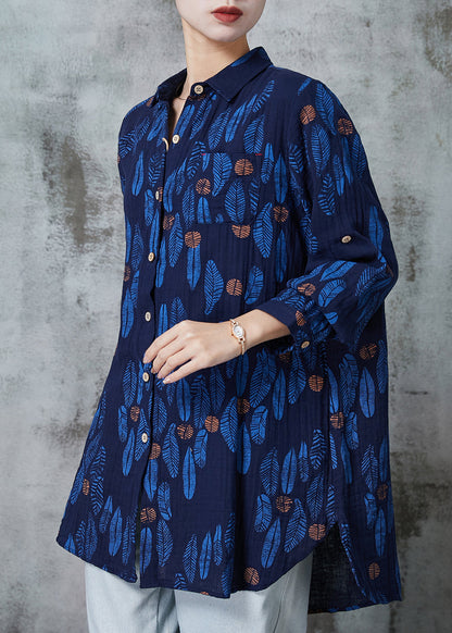 Navy Oversized Print Cotton Blouses Spring