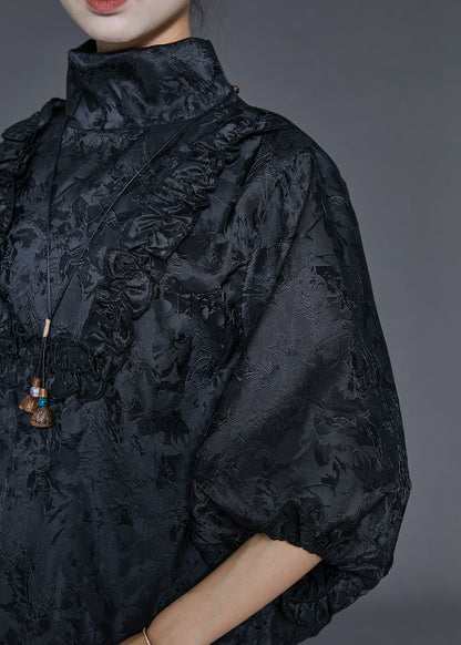 Stylish Black Stand Collar Ruffled Jacquard Silk Shirts Summer