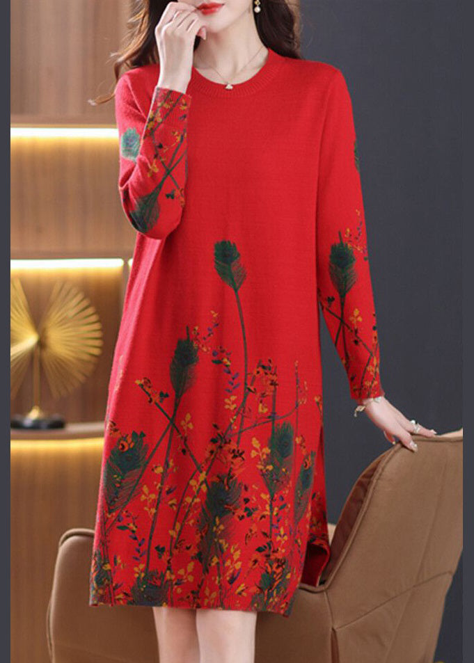 Red O Neck Print Knit Sweater Dress Fall