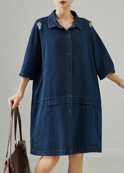 Navy Oversized Patchwork Denim Ripped Dresses Summer