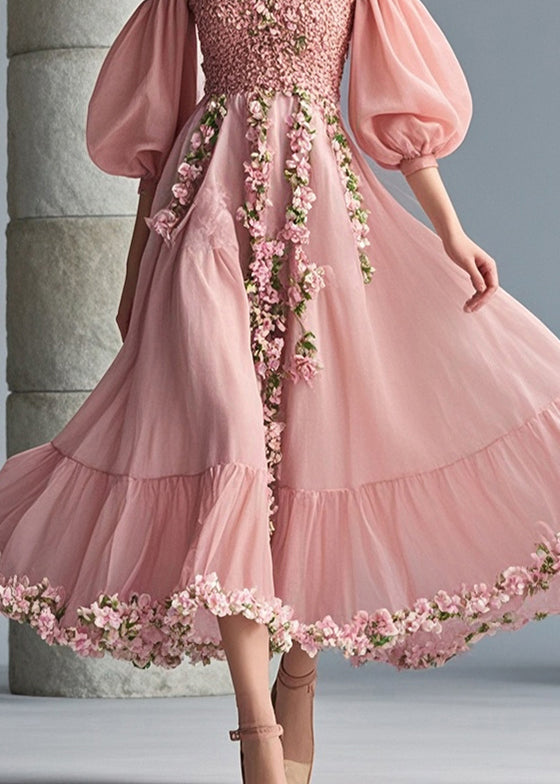 French Pink Cold Shoulder Three-dimensional Chiffon Party Dress Puff Sleeve