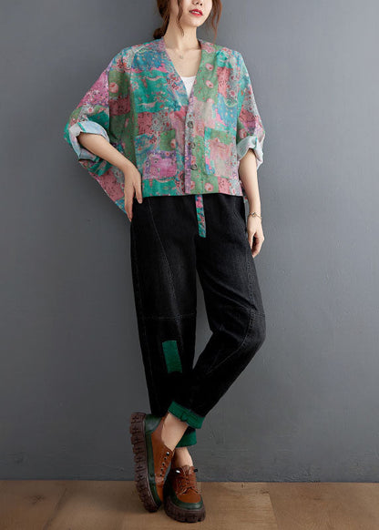 V Neck Button Pockets Print Fall Coats Long Sleeve