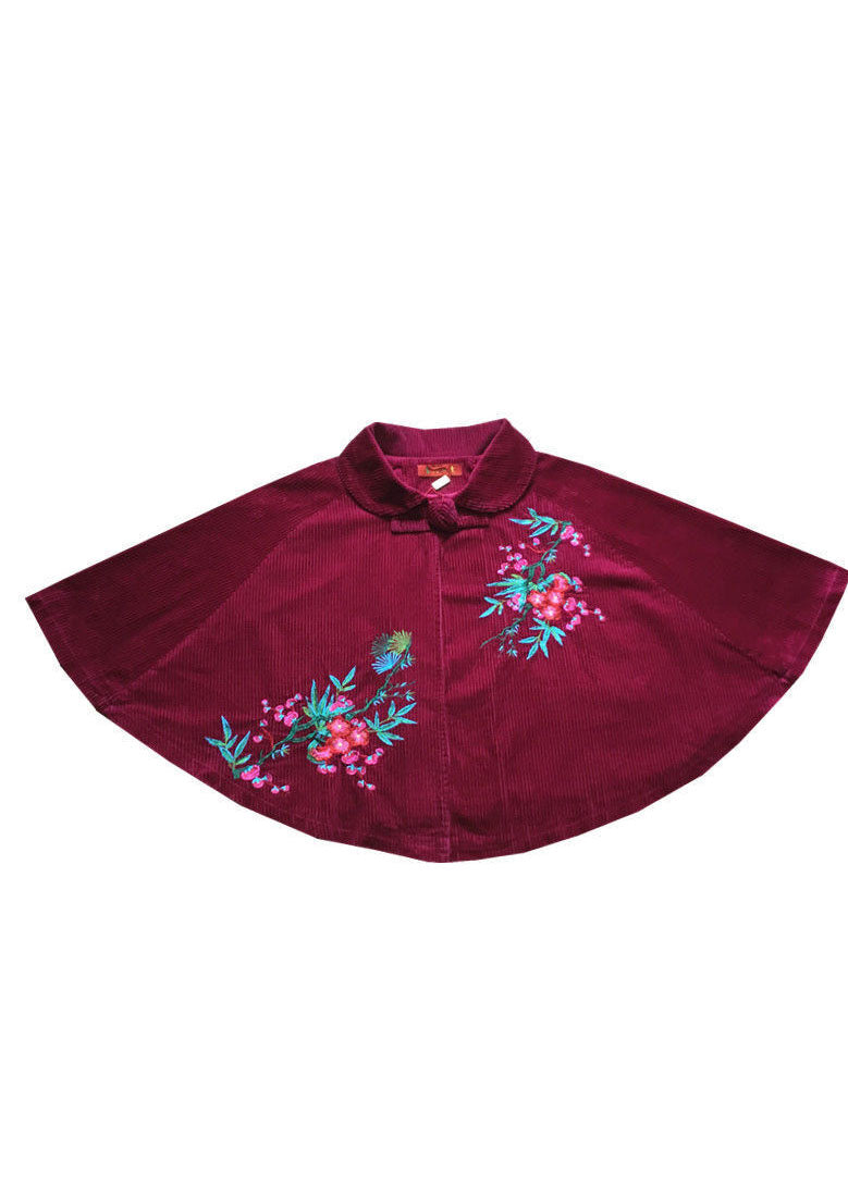 Mulberry Peter Pan Collar Embroideried Corduroy Coats Cloak Sleeves