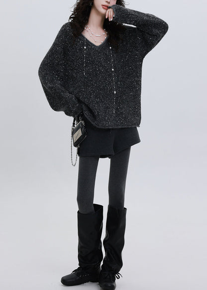 Charcoal Grey Sequins Oversized Knit Sweater Tops Winter
