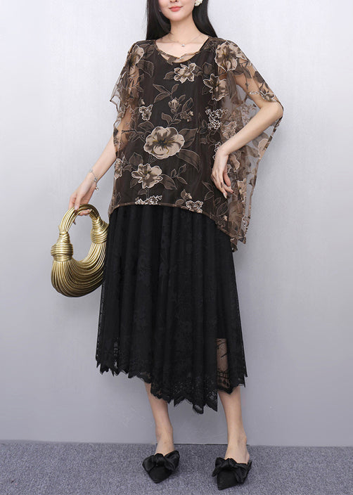 Print Chiffon Tops and Tulle Dress Two Pieces Set Summer
