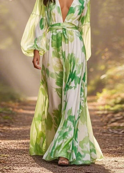 Italian Green V Neck Print Chiffon Long Dresses Lantern Sleeve Spring