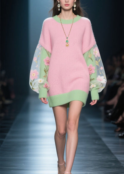 French Colorblock Tulle Patchwork Knit Sweater Dress Winter