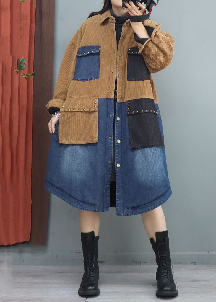 Black Peter Pan Collar Pockets Patchwork Coat Fall