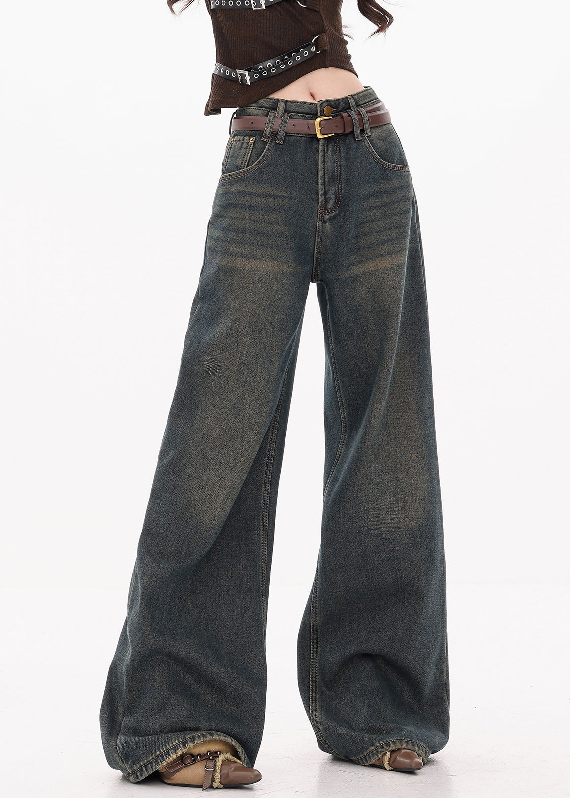 Retro Dark Blue Pockets High Waist Denim Wide Leg Pants Fall