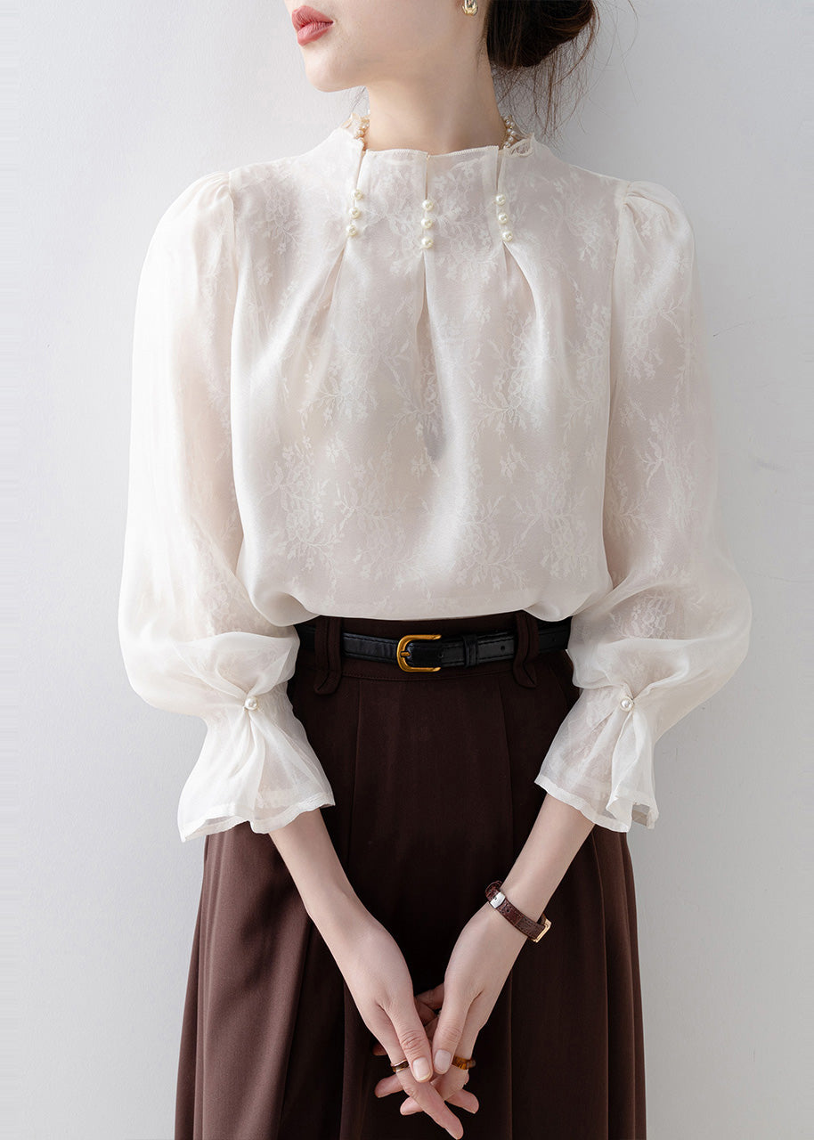 Fitted White Jacquard Nail Bead Chiffon Top Spring