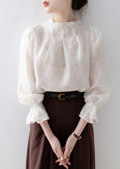 Fitted White Jacquard Nail Bead Chiffon Top Spring