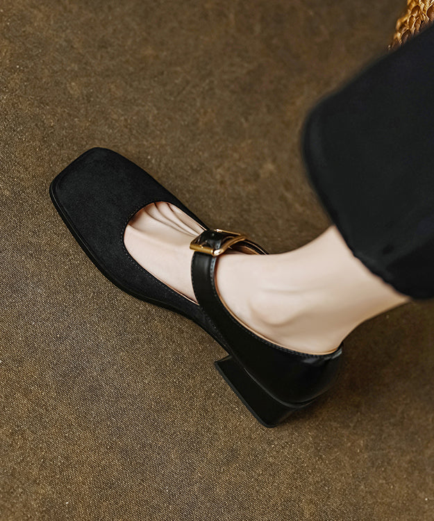 Apricot Suede Square Head Buckle High Chunky Heels
