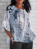 Comstylish Vintage Ink Flower Print Cotton and Linen T-Shirt