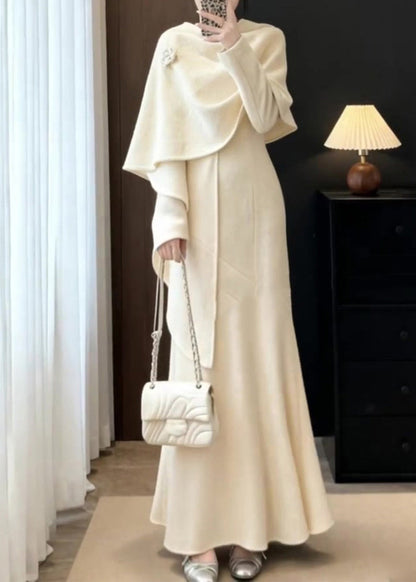 Apricot Shawl and Maxi Dresses Two Pieces Set Fall