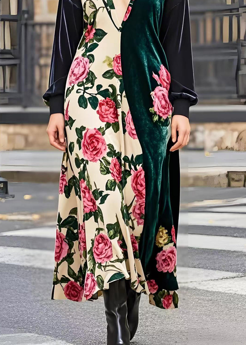 Asymmetrical Patchwork Silk Velour Maxi Dresses Spring