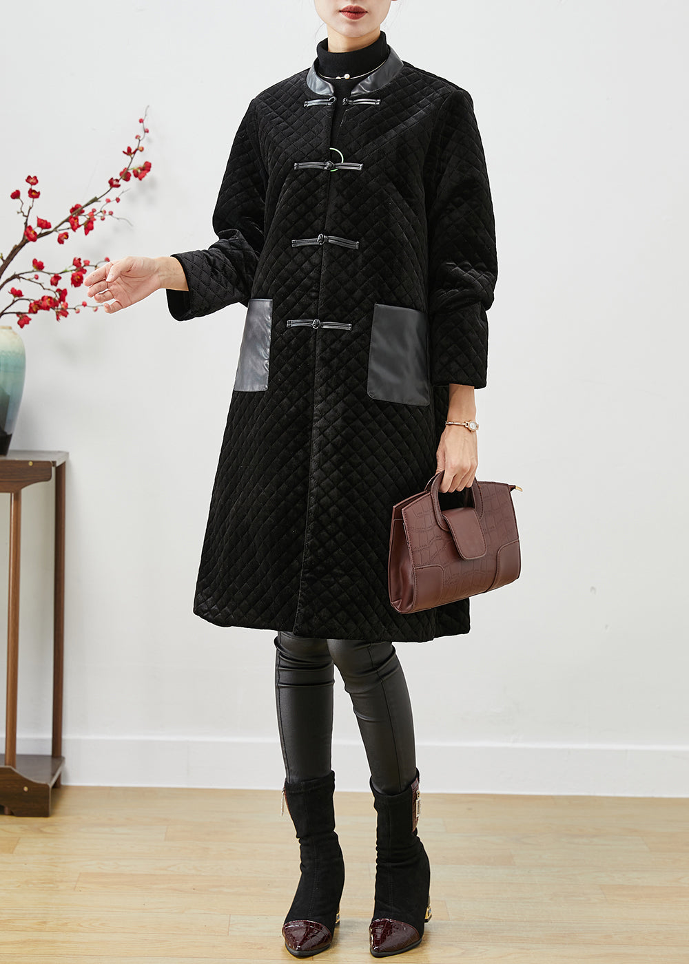 Black Patchwork Pockets Silk Velour Fine Cotton Filled Coats Winter