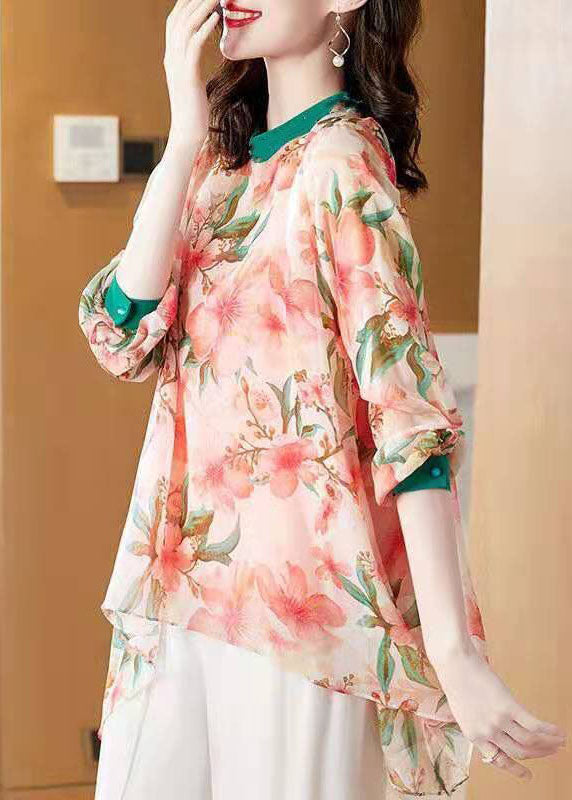Pink Asymmetrical Patchwork Print Chiffon Top Spring
