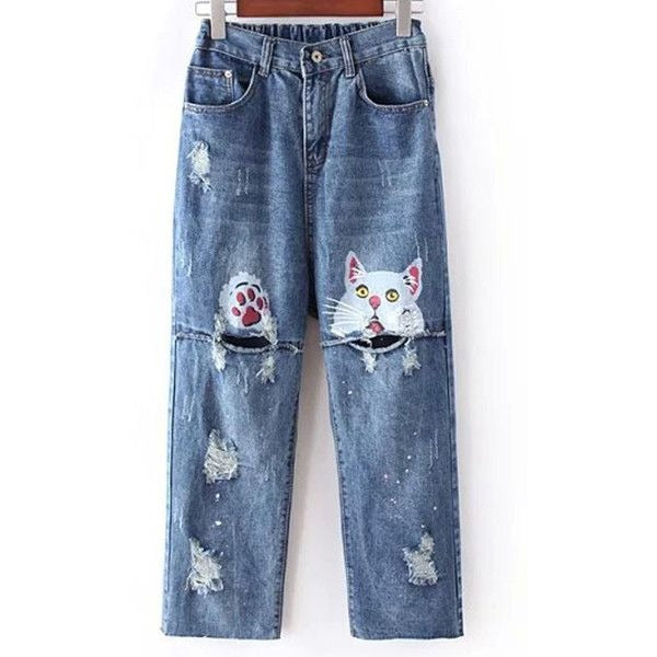 Comstylish Retro Cute Cat Abstract Art Design Jeans