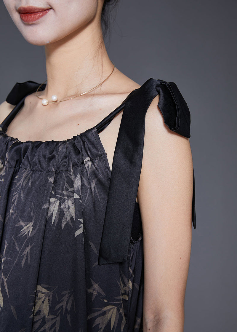 Black Print Wrinkled Silk Strap Dresses Summer