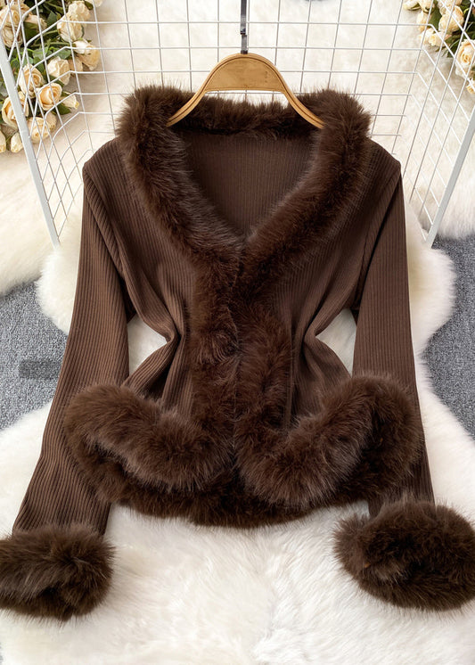 Brown Fur Collar Patchwork Cotton Knit Sweater Flare Sleeve