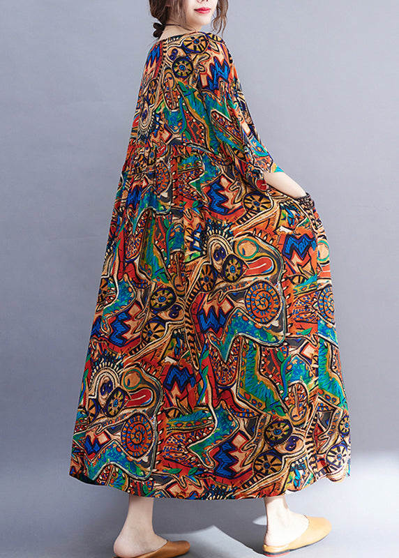 Natural Yellow O-neck Print Wrinkled Long Dress Spring