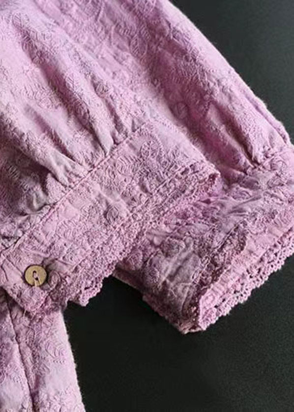Purple Wrinkled Embroideried Linen Shirts Bracelet Sleeve