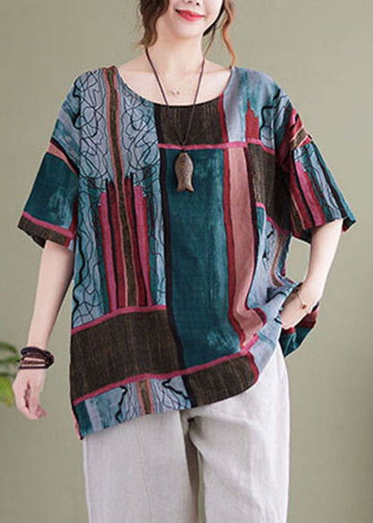 Blackish Green O-neck Print Cotton Tops Short Sleeve