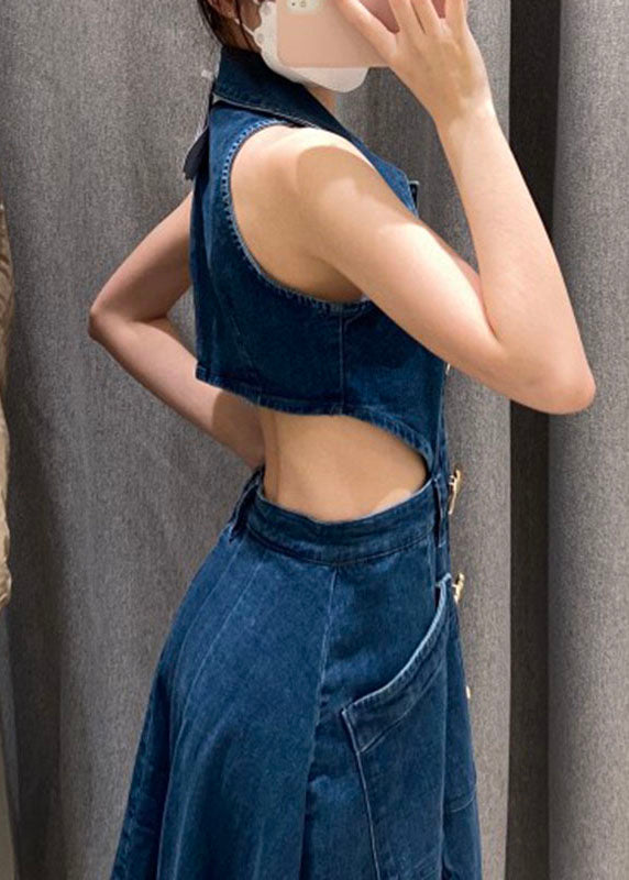 Blue Peter Pan Collar Patchwork Pockets Hollow Out Denim Long Dresses Summer