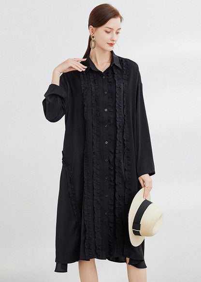Black Button Shirts Dress Ruffled Spring