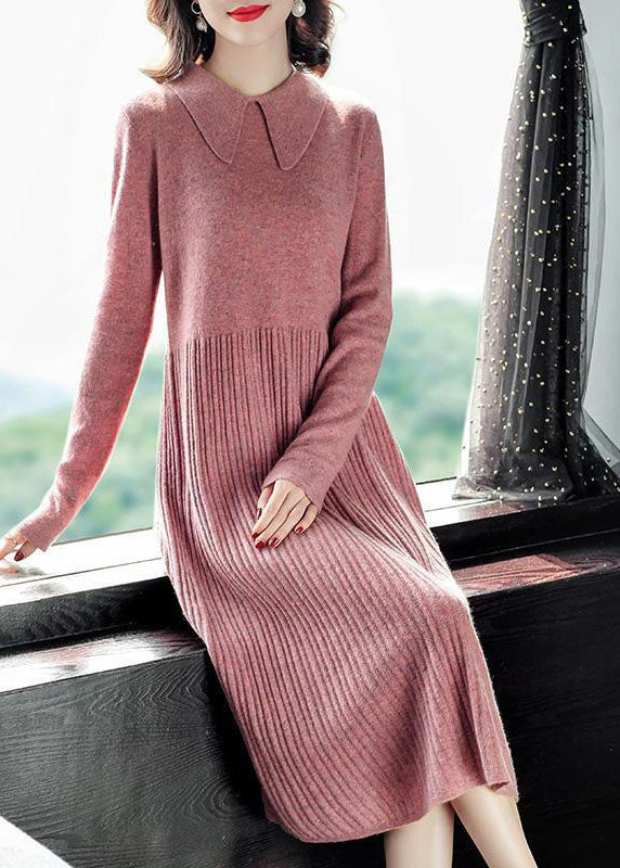 Modern Green Color Peter Pan Collar Wrinkled Knit Sweater Dress Long Sleeve
