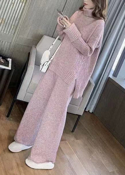 French Apricot Hign Neck Tops and Pants Knit Two Pieces Set Autumn