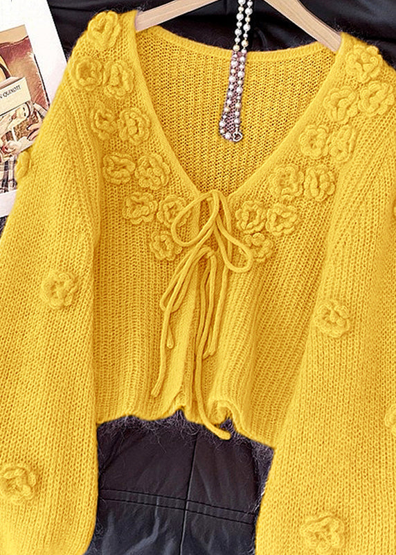 Yellow Lace Up Knit Cardigan V Neck Fall