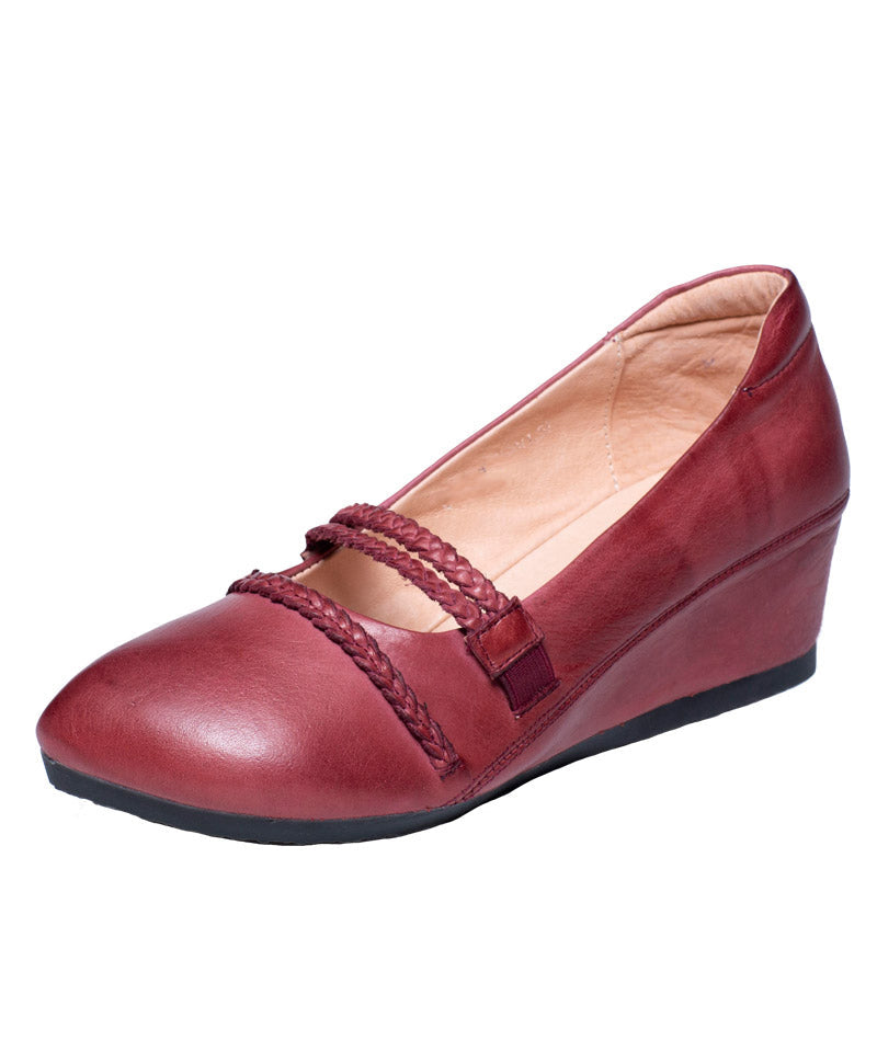 Mulberry Cowhide Wrinkled Leather Splicing High Wedge Heels