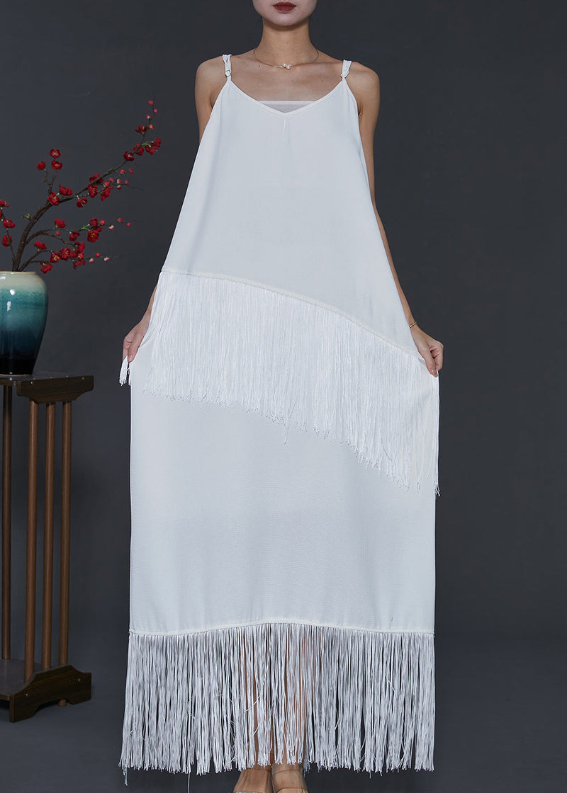 White Tasseled Chiffon Spaghetti Strap Dress Summer