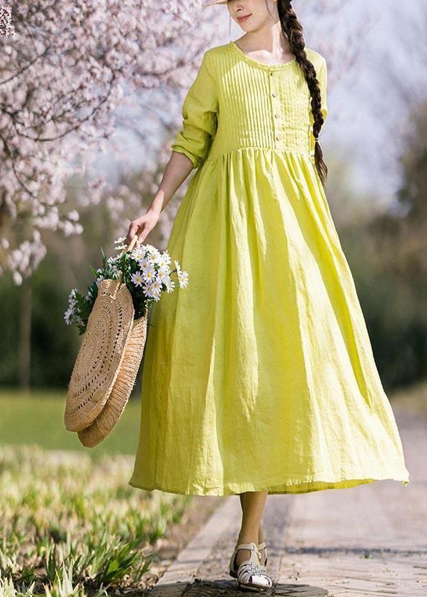 Classy Grass Green Cinched Button Summer Linen Dress